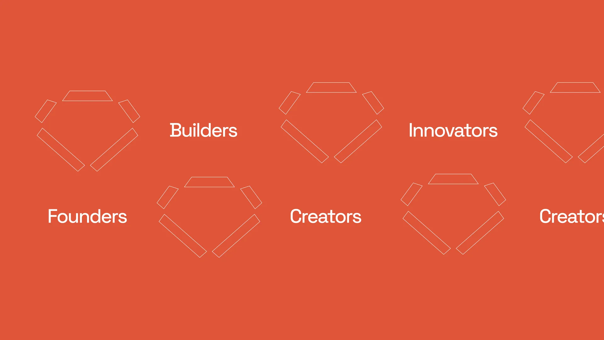 Outlined Superhero emblems on fiery orange with the words Founders, Builders, Creators, Innovators