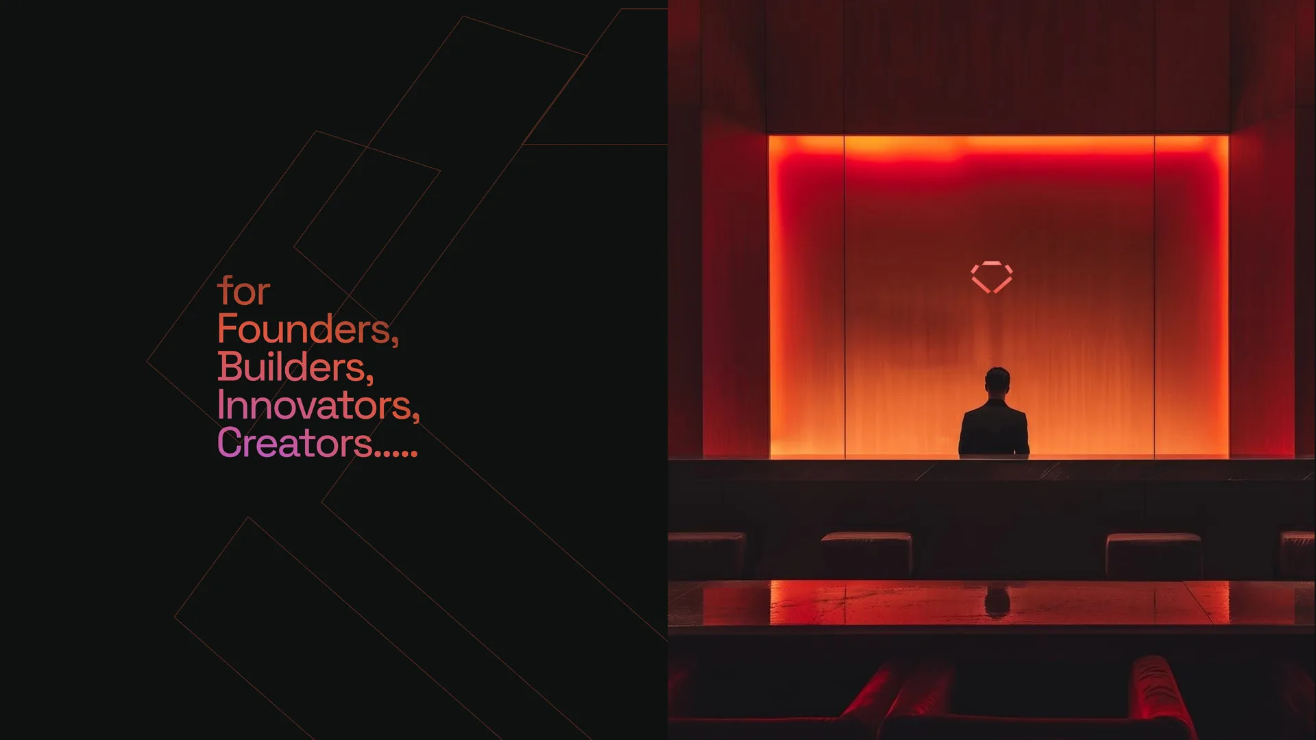 Brand spread reading for founders, builders, innovators, creators beside a hotel lobby glowing fiery orange with the emblem