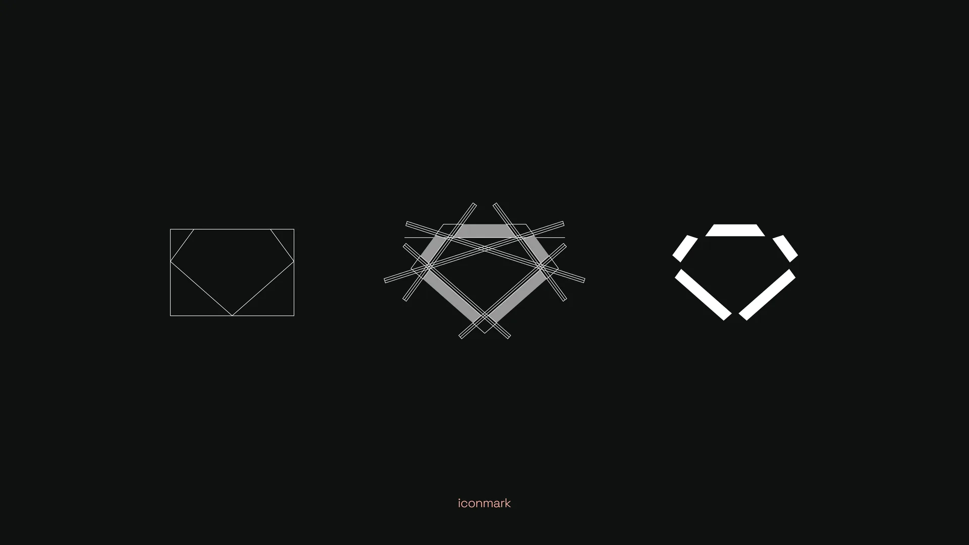 Construction grid drawings of the Superhero iconmark, from bounding box to strokes to the final diamond emblem