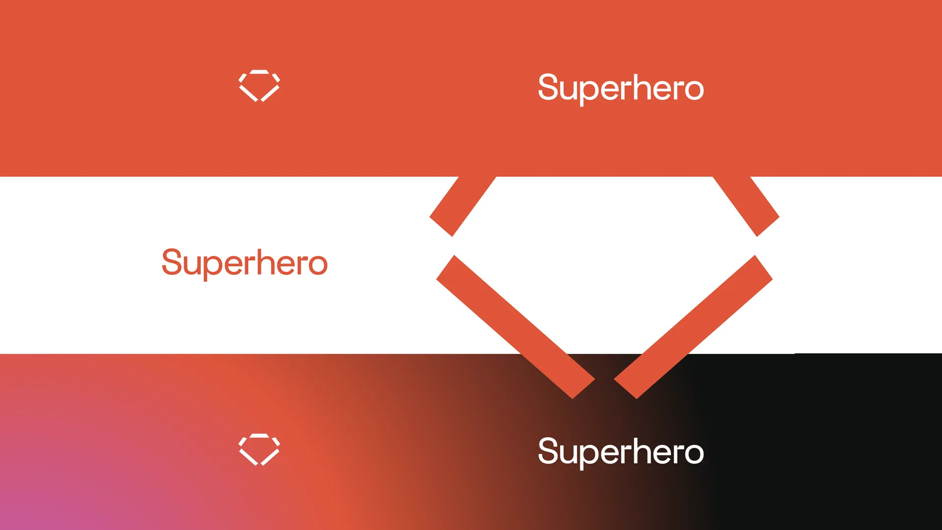 Superhero logo lockups on orange, white, and gradient dark bands