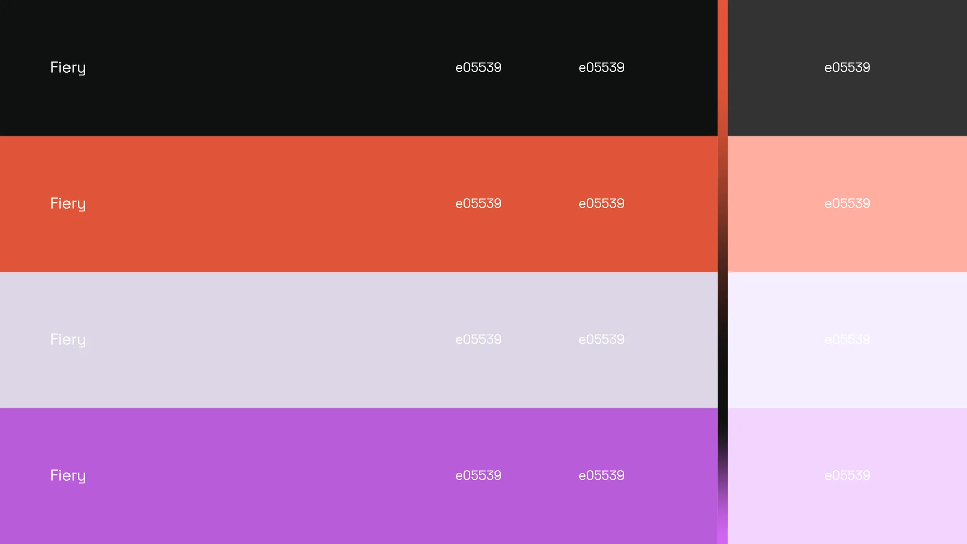 The Fiery palette page: e05539 orange with charcoal, lavender and purple tints