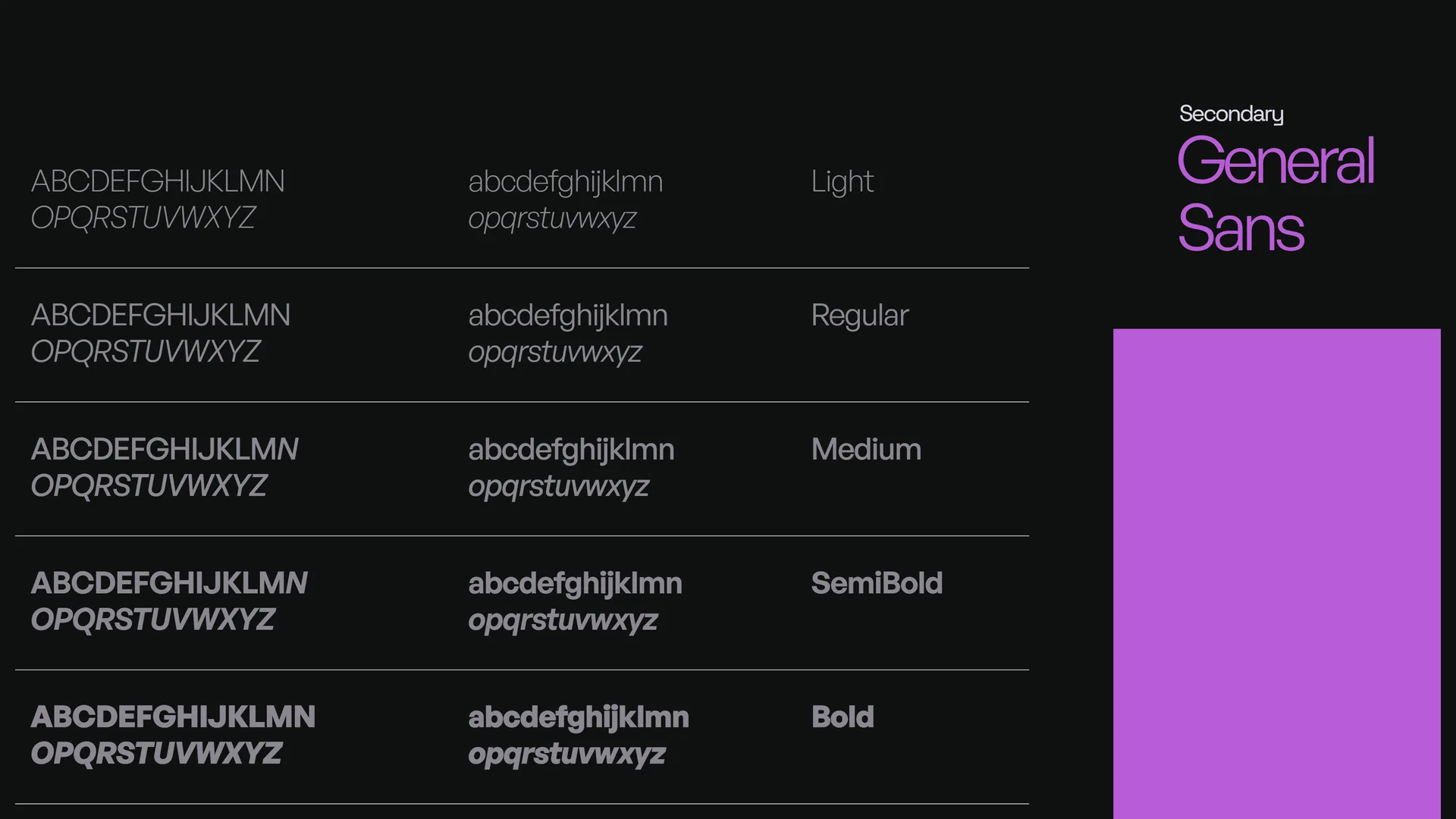 General Sans type specimen with italics across five weights, purple on charcoal